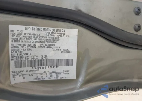 2001 Ford Taurus Sel из США, поврежденный, VIN 1FAFP56S21A201542